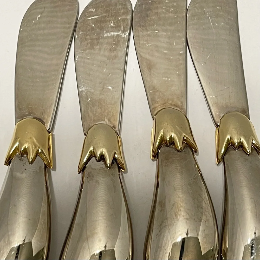 Joie de Vivre Eggplant Pattern Cheese Butter Spreader Silver Gold Toned Set of 4